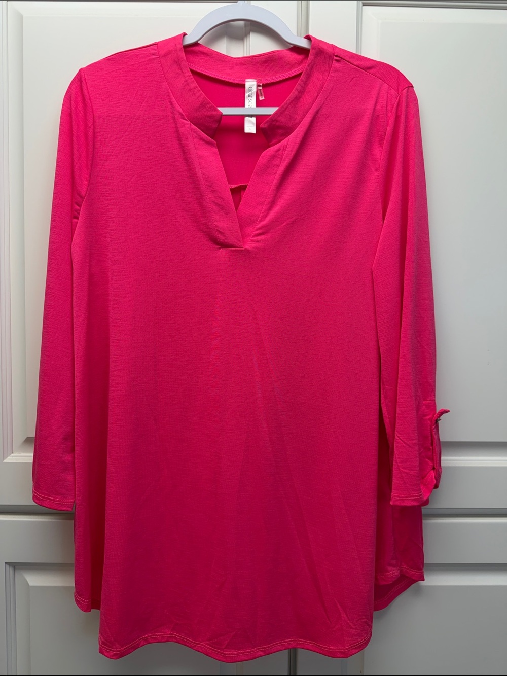 Dear Scarlett Hot Pink Split-Neck Tunic with Roll-Tab Sleeves